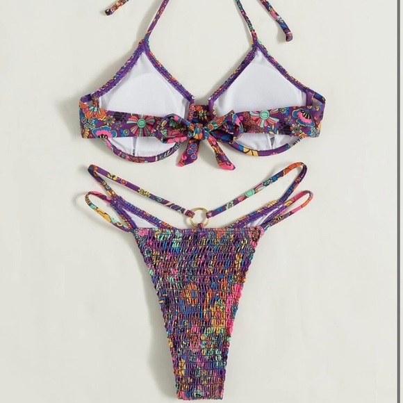 Floral Print Smocked Halter Underwire Bikini Swimsuit - Picture 2 of 6